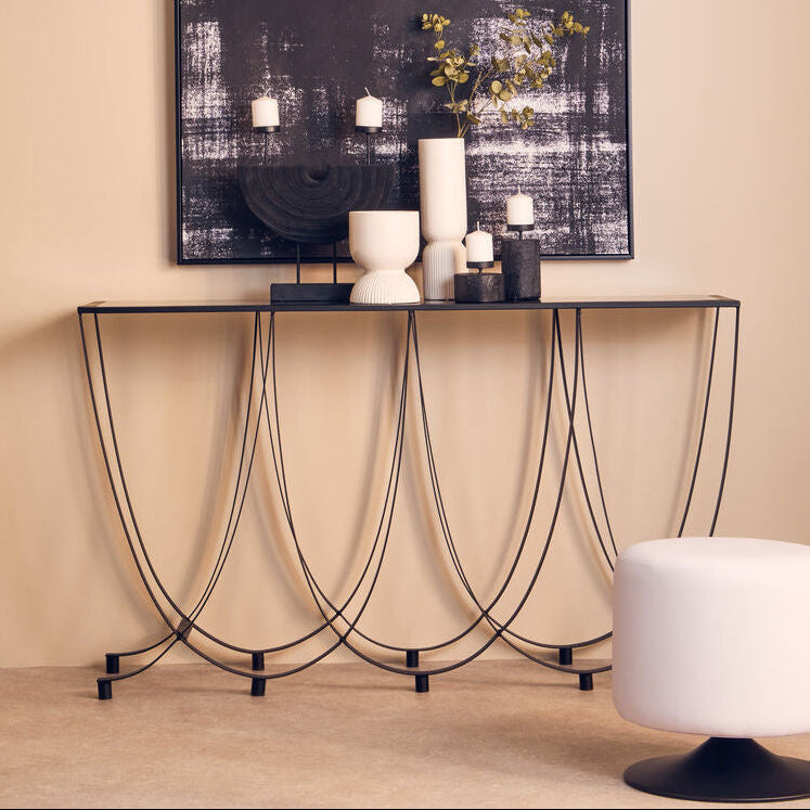 Orsina Trento Console Table – Black Glass Top with Curved Iron Base