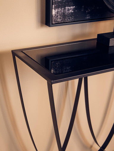 Orsina Trento Console Table – Black Glass Top with Curved Iron Base