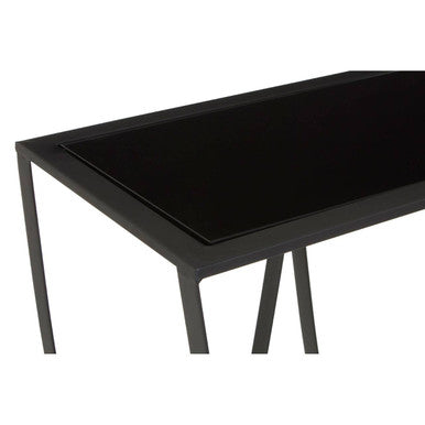 Orsina Trento Console Table – Black Glass Top with Curved Iron Base