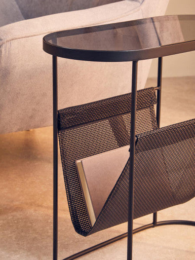 Orsina Trento Side Table – Grey Glass Top with Mesh Storage Shelf