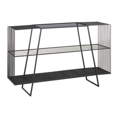 Orsina Trento Grey Glass Console Table | 3-Tier Black Metal Frame