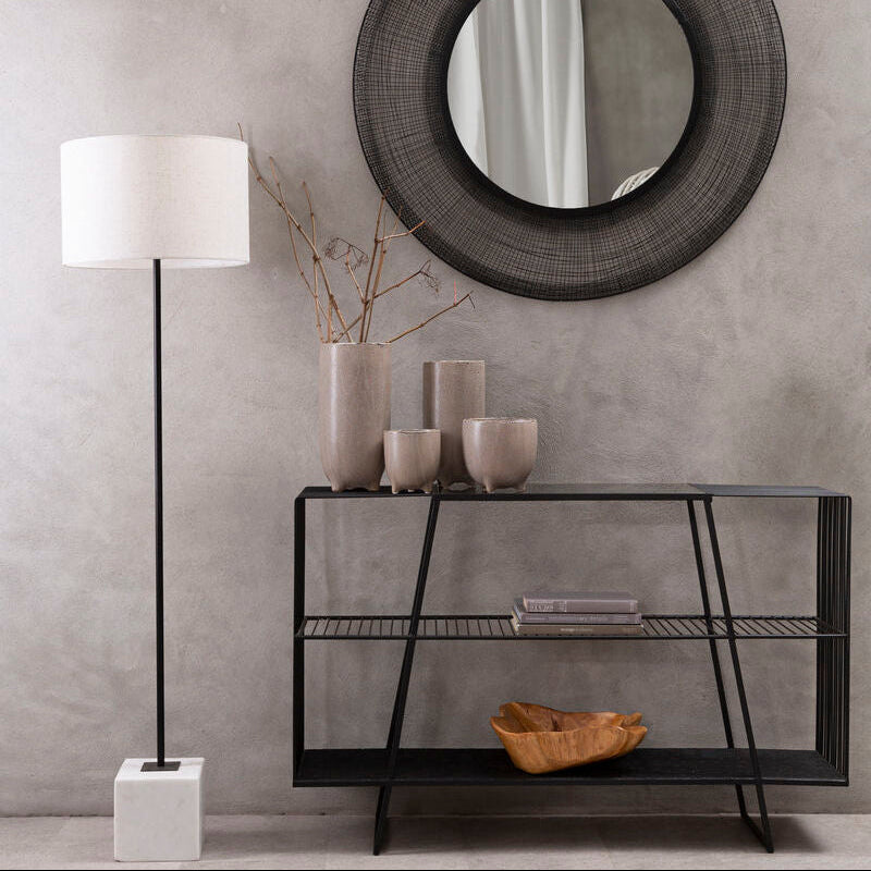 Orsina Trento Grey Glass Console Table | 3-Tier Black Metal Frame