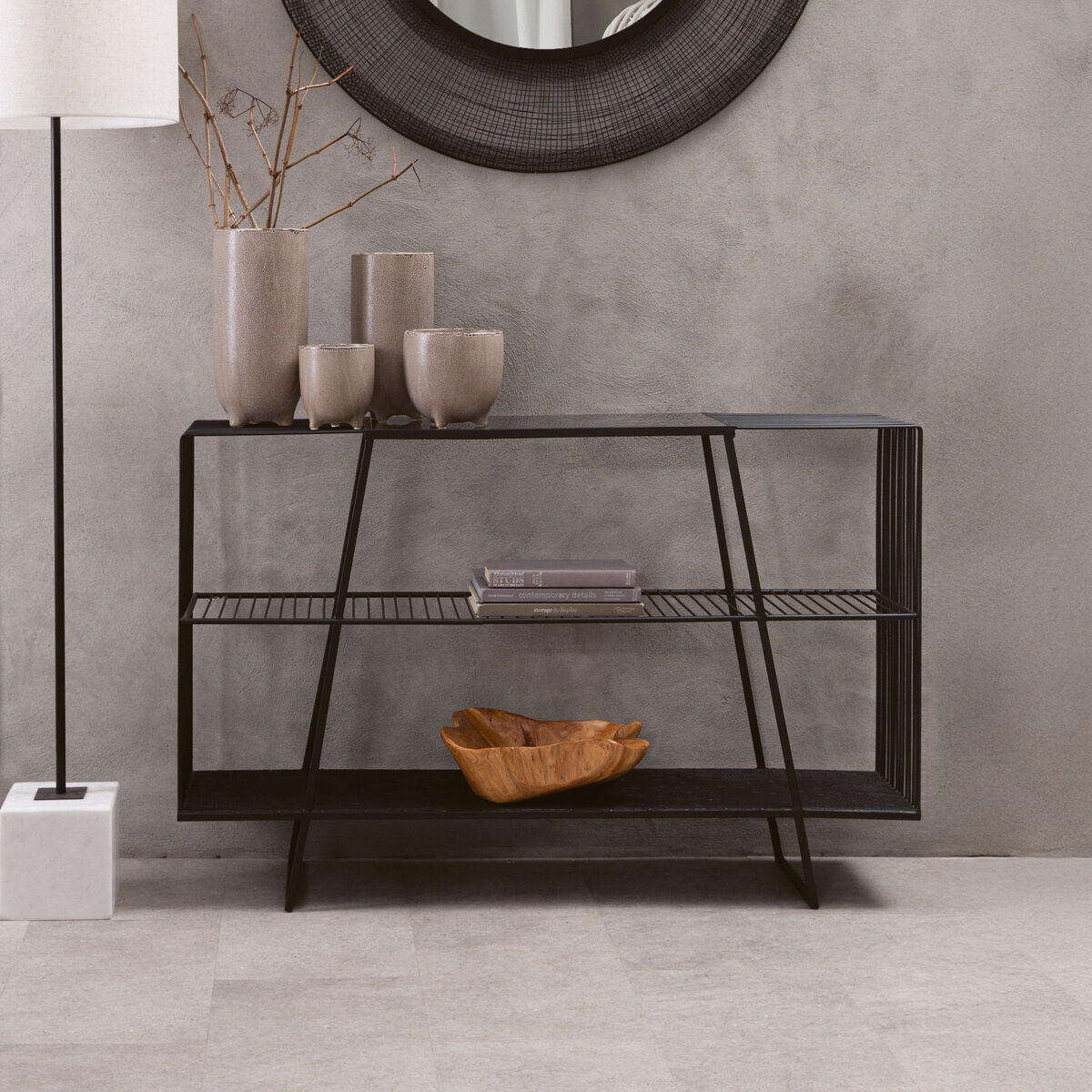 Orsina Trento Grey Glass Console Table | 3-Tier Black Metal Frame