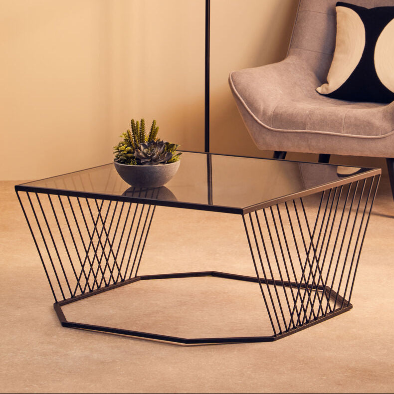 Orsina Trento Coffee Table – Grey Glass Top with Black Geometric Frame