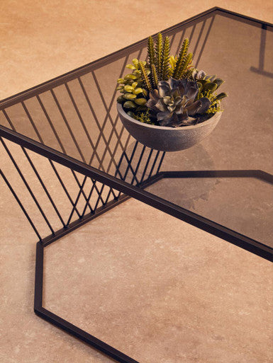 Orsina Trento Coffee Table – Grey Glass Top with Black Geometric Frame