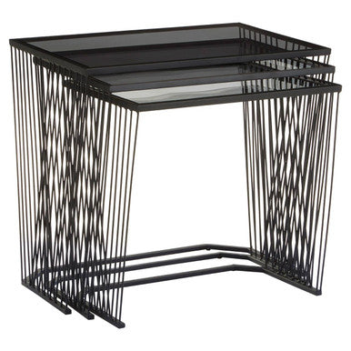 Orsina Trento Nesting Side Tables – Set of 3 Grey Glass & Black Metal