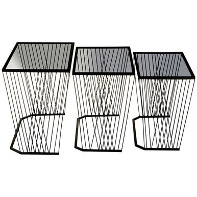 Orsina Trento Nesting Side Tables – Set of 3 Grey Glass & Black Metal