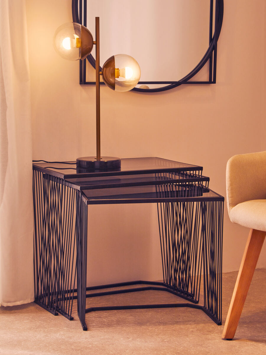 Orsina Trento Nesting Side Tables – Set of 3 Grey Glass & Black Metal
