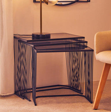 Orsina Trento Nesting Side Tables – Set of 3 Grey Glass & Black Metal