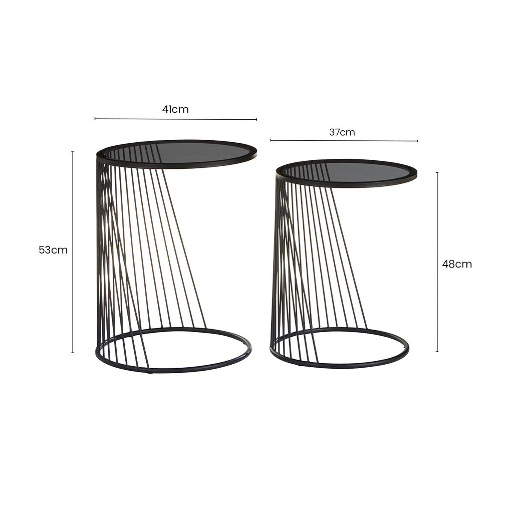 Orsina Trento Nesting Side Tables – Set of 2 Grey Glass & Black Metal
