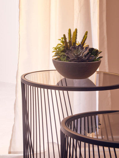 Orsina Trento Nesting Side Tables – Set of 2 Grey Glass & Black Metal