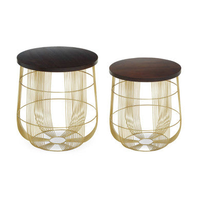Orsina Agra Mango Wood Side Tables – Set of 2 with Gold Metal Base