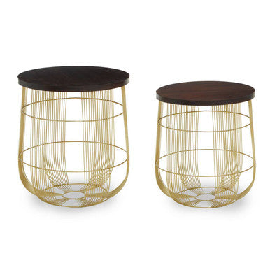Orsina Agra Mango Wood Side Tables – Set of 2 with Gold Metal Base