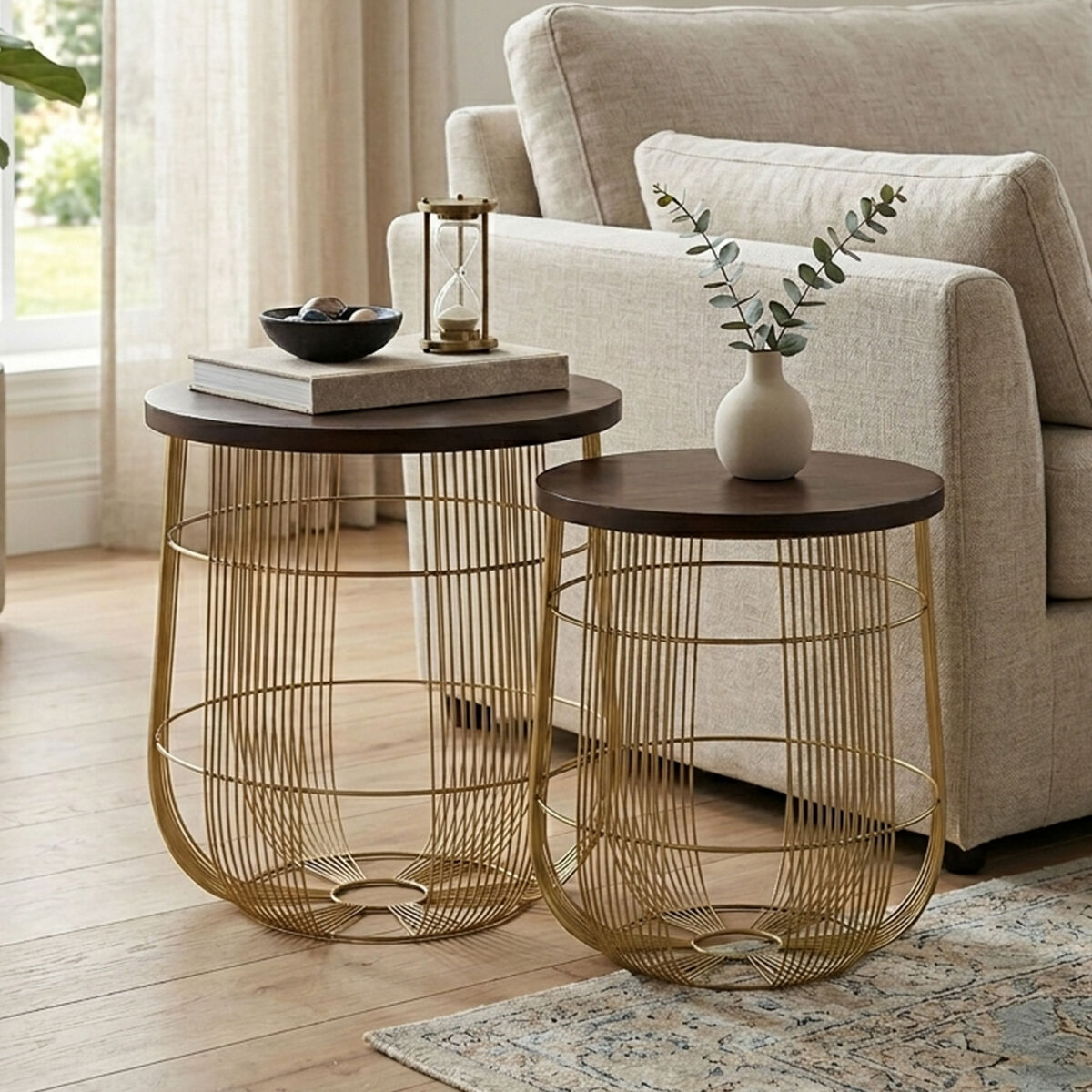 Orsina Agra Mango Wood Side Tables – Set of 2 with Gold Metal Base