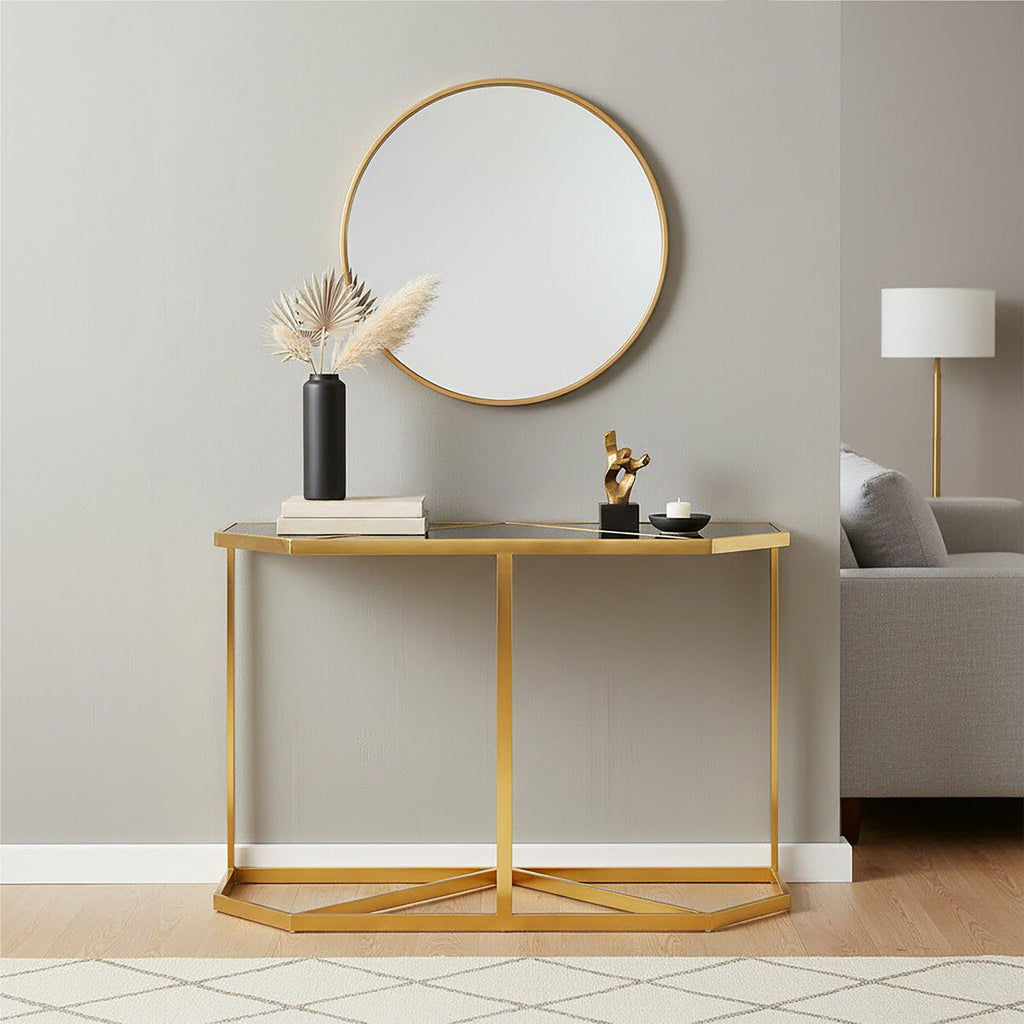 Orsina Horizon Black Glass Console Table | Gold Stainless Steel Frame