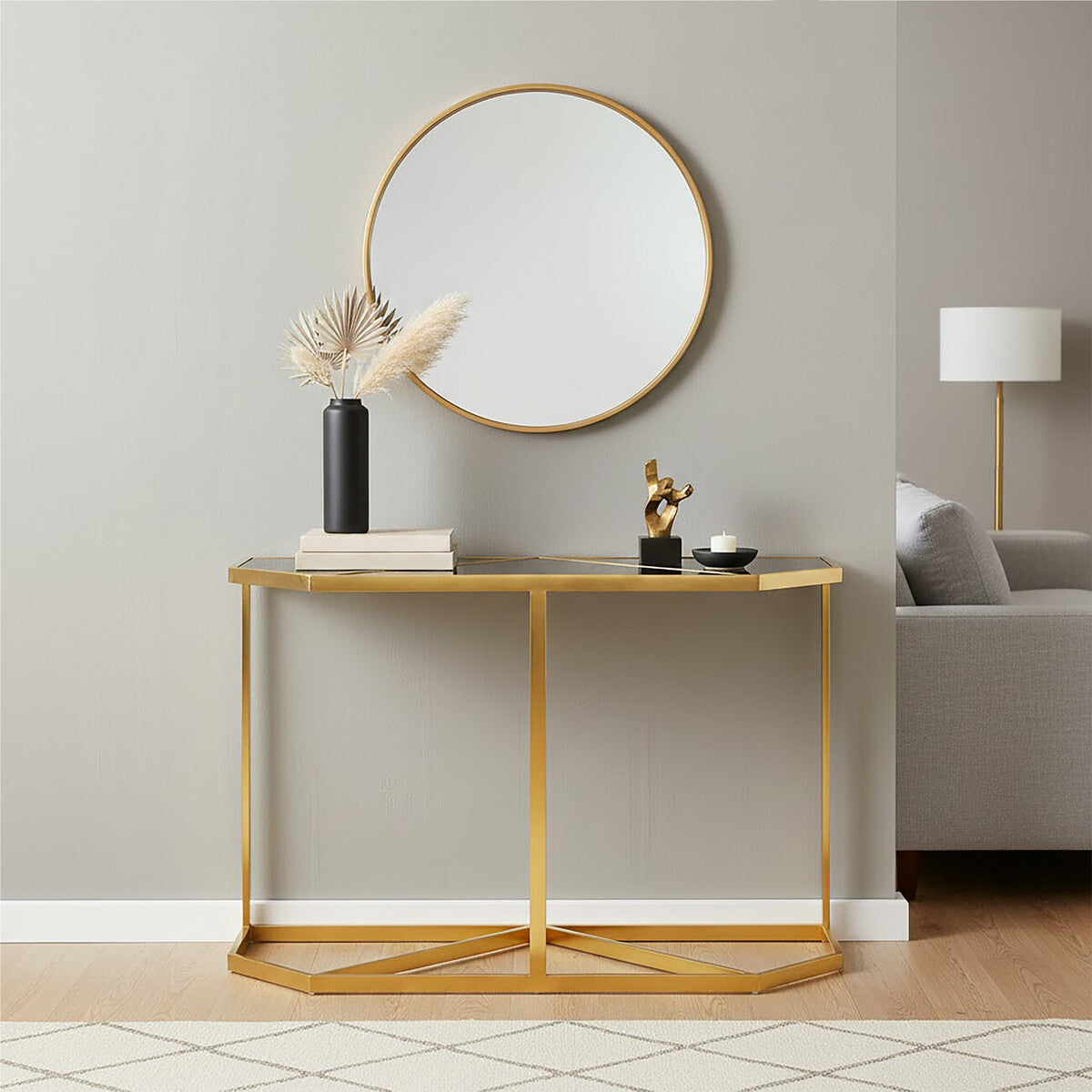 Orsina Horizon Black Glass Console Table | Gold Stainless Steel Frame