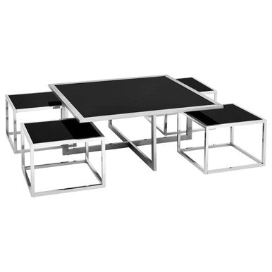Orsina Horizon Coffee Table Set – Black Glass & Silver Stainless Steel