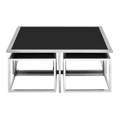 Orsina Horizon Coffee Table Set – Black Glass & Silver Stainless Steel