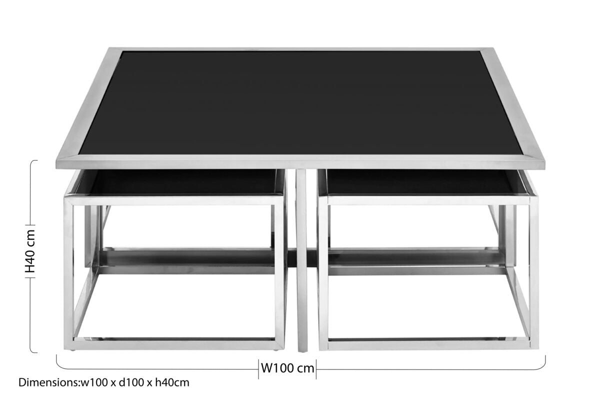 Orsina Horizon Coffee Table Set – Black Glass & Silver Stainless Steel