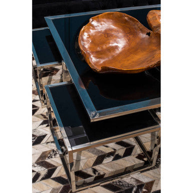 Orsina Horizon Coffee Table Set – Black Glass & Silver Stainless Steel
