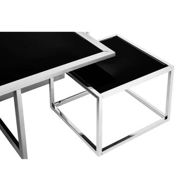 Orsina Horizon Coffee Table Set – Black Glass & Silver Stainless Steel