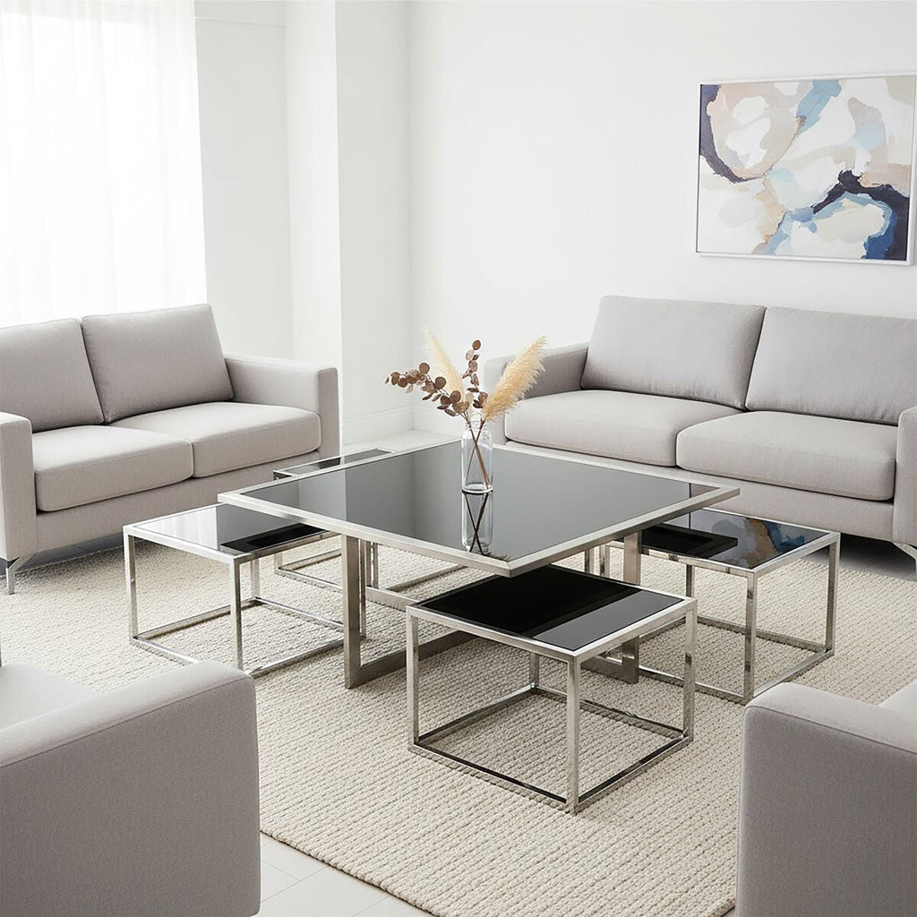 Orsina Horizon Coffee Table Set – Black Glass & Silver Stainless Steel
