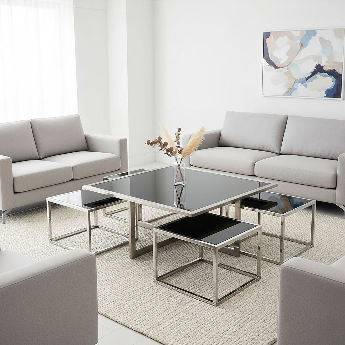 Orsina Horizon Coffee Table Set – Black Glass & Silver Stainless Steel