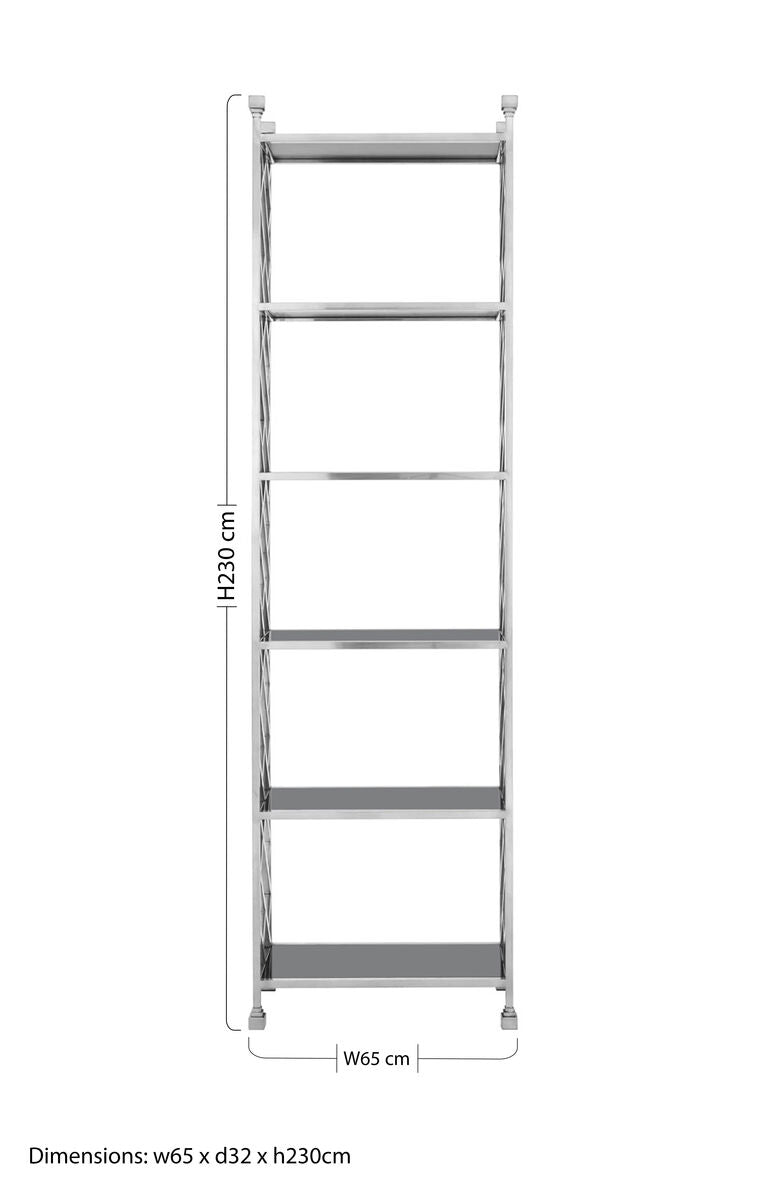 Orsina Horizon Bookshelf – Silver Stainless Steel & Black Glass