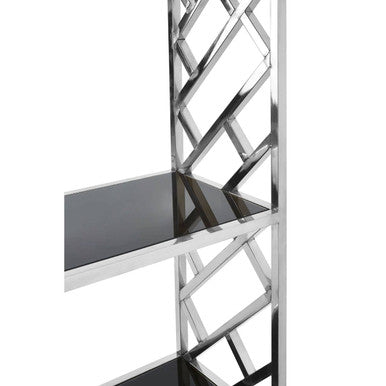 Orsina Horizon Bookshelf – Silver Stainless Steel & Black Glass
