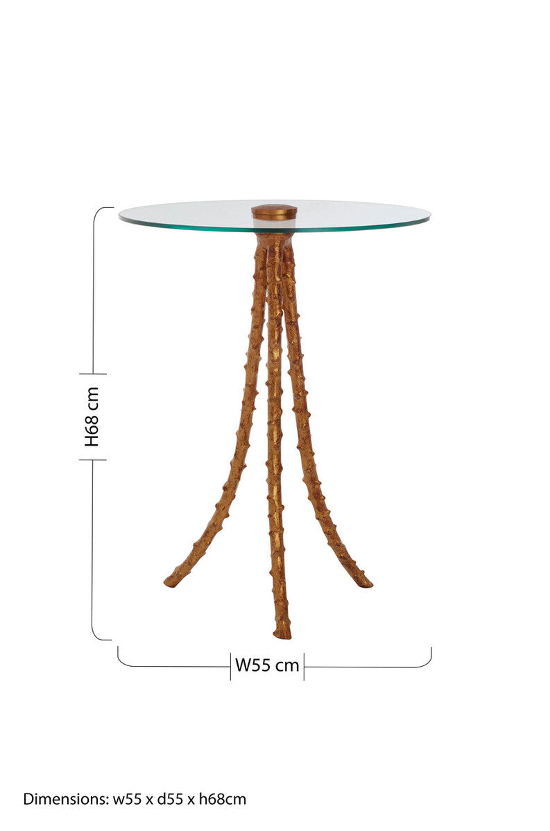 Orsina Sika Large Side Table – Gold Iron Tripod Base Glass Top