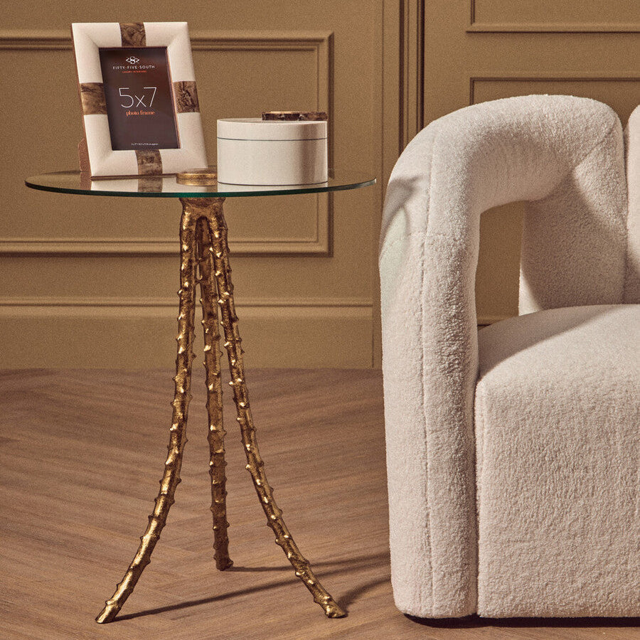 Orsina Sika Large Side Table – Gold Iron Tripod Base Glass Top