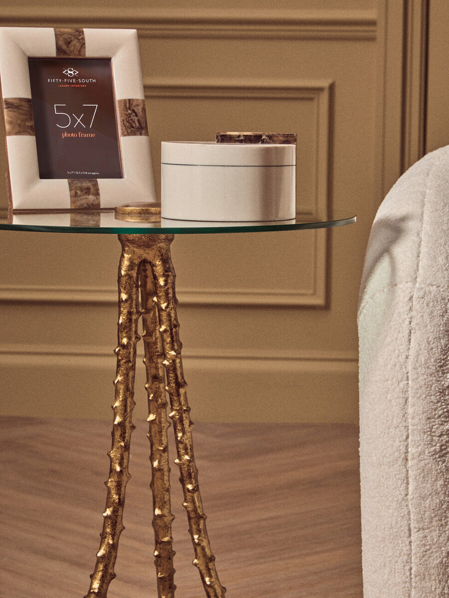 Orsina Sika Large Side Table – Gold Iron Tripod Base Glass Top