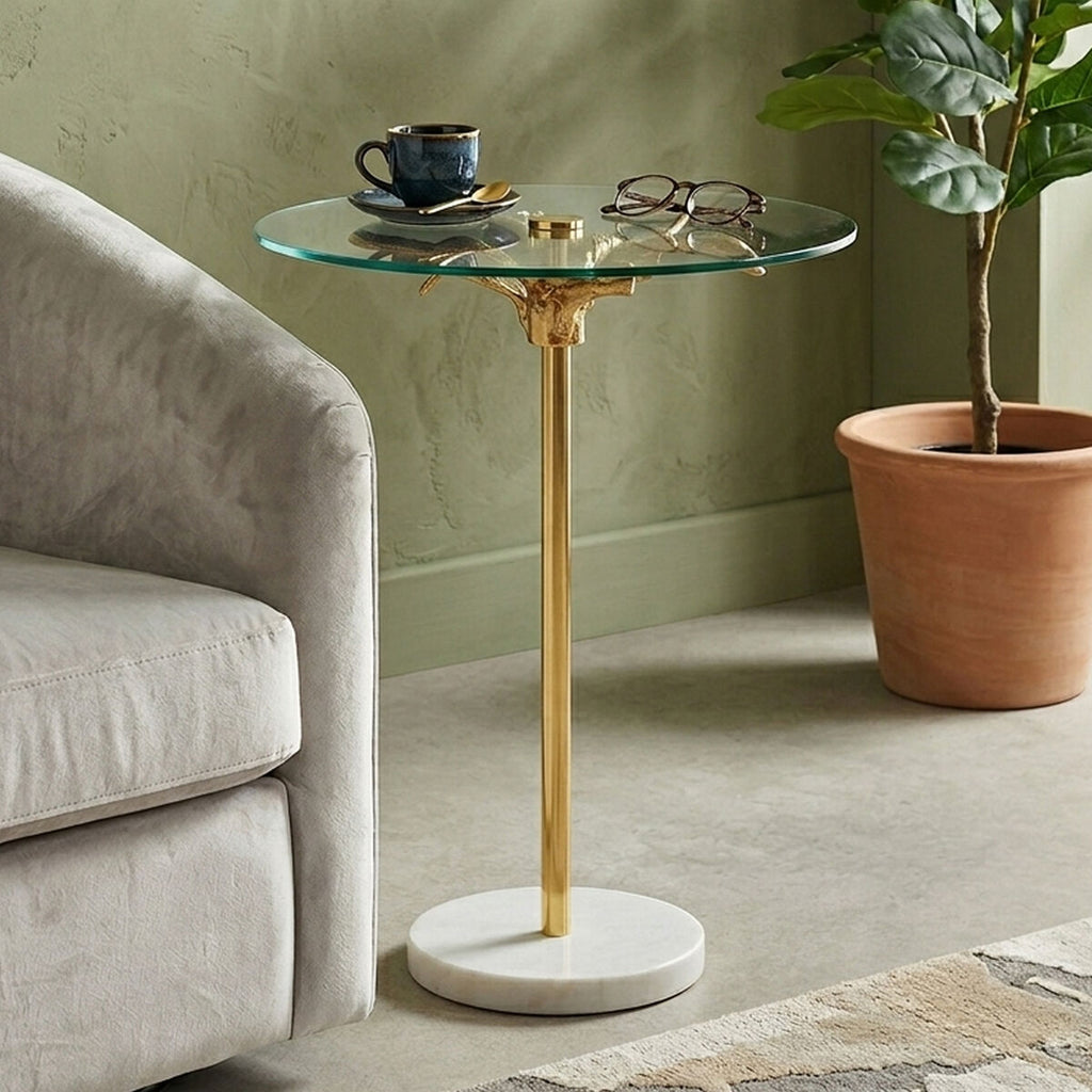 Orsina Sika Small Side Table – Glass Top with Gold Leaf & Marble Base