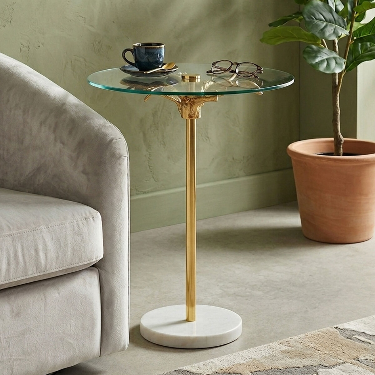 Orsina Sika Small Side Table – Glass Top with Gold Leaf & Marble Base