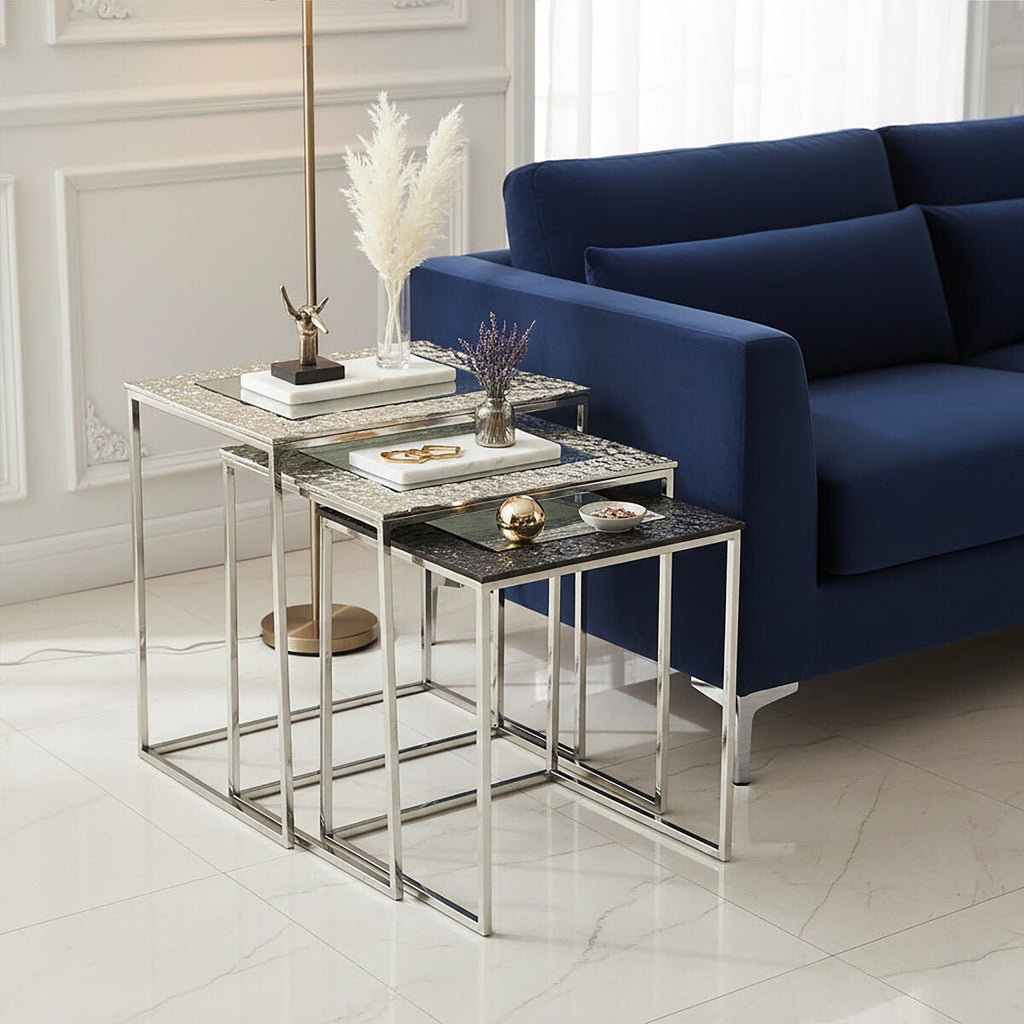 Orsina Akola Nesting Side Tables – Set of 3 Antique Glass & Metal