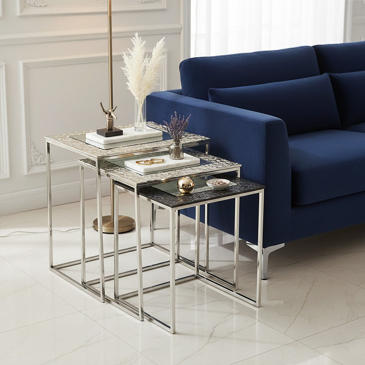 Orsina Akola Nesting Side Tables – Set of 3 Antique Glass & Metal