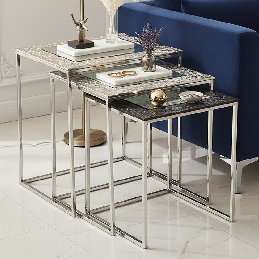 Orsina Akola Nesting Side Tables – Set of 3 Antique Glass & Metal