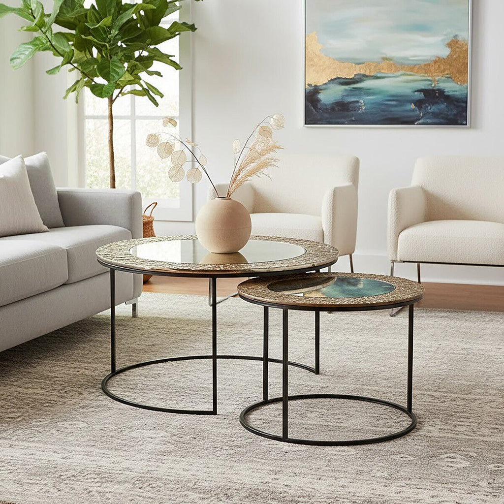 Orsina Akola Nesting Coffee Tables | Set of 2 Antiqued Glass & Metal