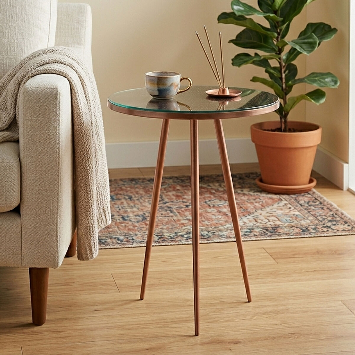 Orsina Akola Copper Side Table – Round Tempered Glass & Aluminum