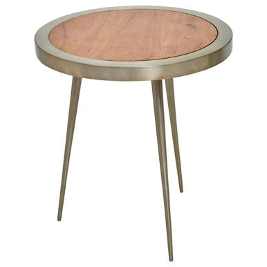 Orsina Almora Round Acacia Wood Side Table with Gold Metal Frame