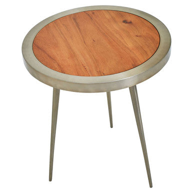 Orsina Almora Round Acacia Wood Side Table with Gold Metal Frame