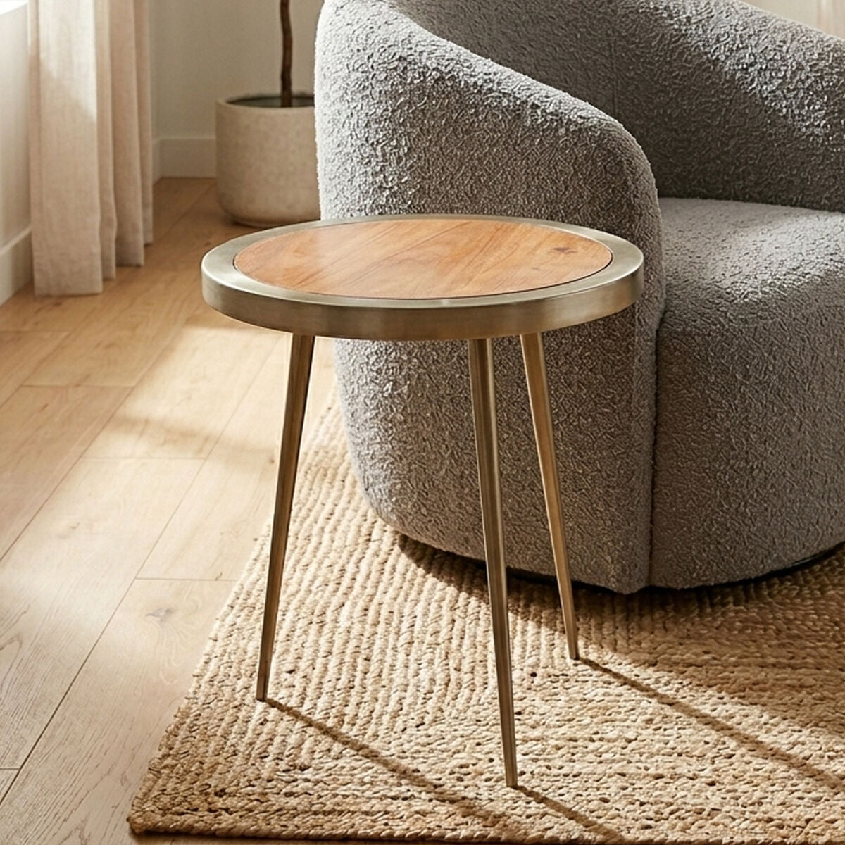 Orsina Almora Round Acacia Wood Side Table with Gold Metal Frame