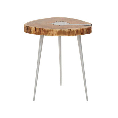 Orsina Almora Acacia Wood Side Table with Silver Inlay and Metal Legs