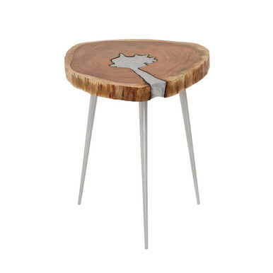 Orsina Almora Acacia Wood Side Table with Silver Inlay and Metal Legs