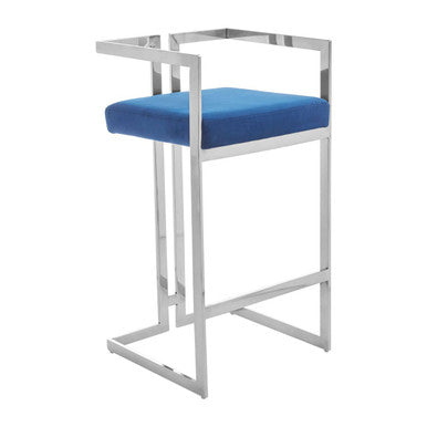 Orsina Azalea Blue Velvet Bar Stool | Modern Silver Stainless Frame