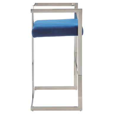 Orsina Azalea Blue Velvet Bar Stool | Modern Silver Stainless Frame