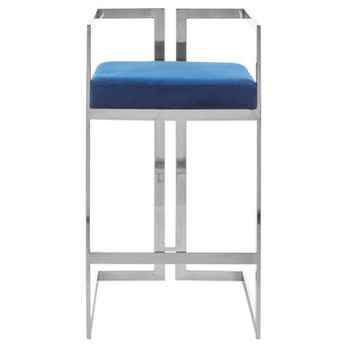 Orsina Azalea Blue Velvet Bar Stool | Modern Silver Stainless Frame