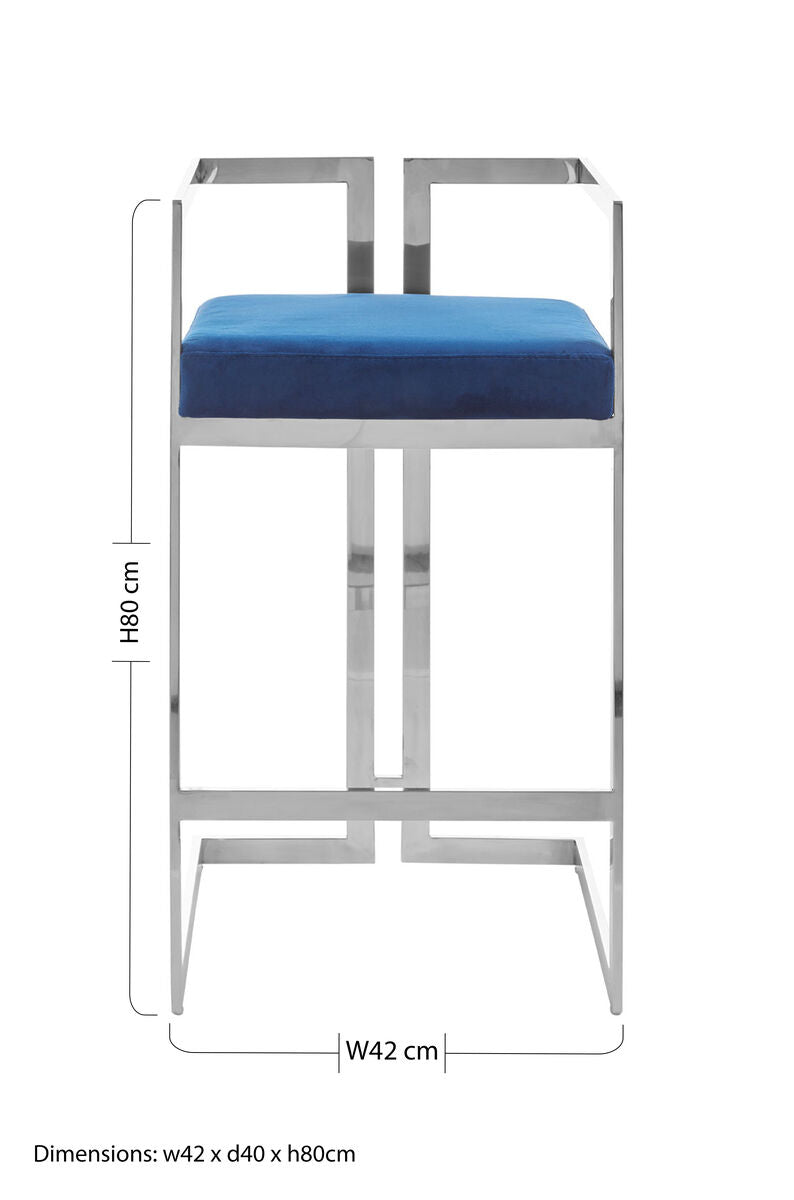 Orsina Azalea Blue Velvet Bar Stool | Modern Silver Stainless Frame