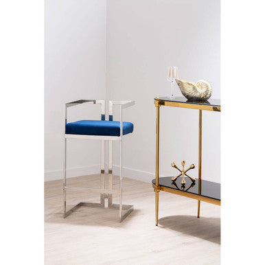 Orsina Azalea Blue Velvet Bar Stool | Modern Silver Stainless Frame