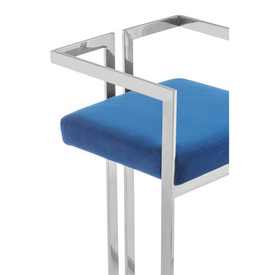 Orsina Azalea Blue Velvet Bar Stool | Modern Silver Stainless Frame
